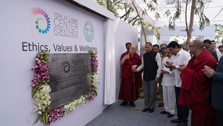 His Holiness the Dalai Lama and Governor of Telangana State HE ESL Narasimhan unveiling the foundation stone for the South Asia Hub of The Dalai Lama Center for Ethics in Hyderabad, Telangana, India on February 12, 2017. Photo by Tenzin Choejor/OHHDL
