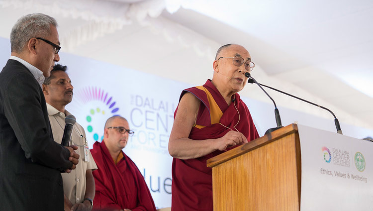 His Holiness the Dalai Lama speaking at the HITEX Open Arena in Hyderabad, Telangana, India on February 12, 2017. Photo by Tenzin Choejor/OHHDL