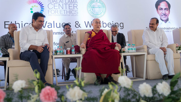 His Holiness the Dalai Lama answering questions from the audience during his talk at the HITEX Open Arena in Hyderabad, Telangana, India on February 12, 2017. Photo by Tenzin Choejor/OHHDL