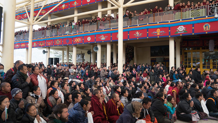 Some of several thousand gathered in the courtyard waiting for His Holiness the Dalai Lama to depart from the Main Tibetan Temple at the conclusion of the first day of his two day teaching in Dharamsala, HP, India on March 13, 2017. Photo by Tenzin Choejor/OHHDL