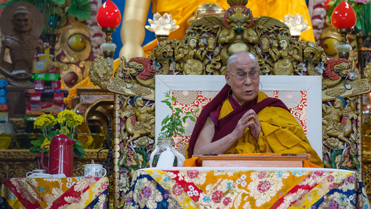 His Holiness the Dalai Lama during the the second day of teachings at the Main Tibetan Temple in Dharamsala, HP, India on March 14, 2017. Photo by Tenzin Choejor/OHHDL