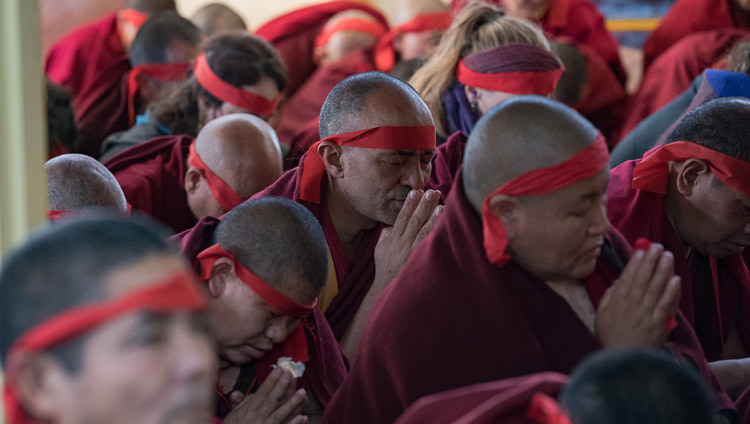 Members of the monastic community wearing ritual blindfolds during the Avalokiteshvara Empowerment given by His Holiness the Dalai Lama at the Main Tibetan Temple in Dharamsala, HP, India on March 14, 2017. Photo by Tenzin Choejor/OHHDL
