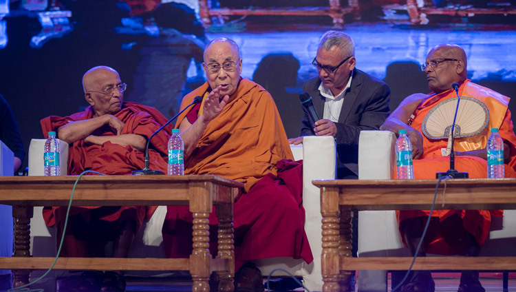 His Holiness the Dalai Lama speaking on the second day of the International Conference on Buddhism in the 21at Century in Rajgir, Bihar, India on March 18, 2017. Photo by Tenzin Choejor/OHHDL