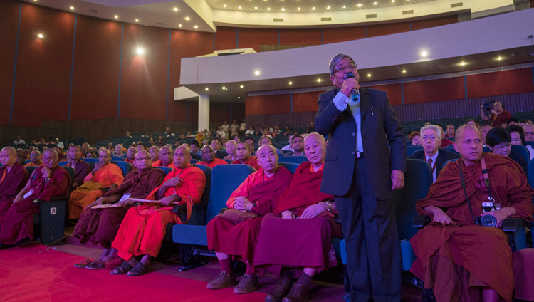 A delegate to the Conference on Buddhism in the 21at Century asking the panel a question during second day of the conference in Rajgir, Bihar, India on March 17, 2017. Photo by Tenzin Choejor/OHHDLPhoto by Tenzin Choejor/OHHDL
