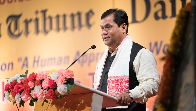 Chief Minister of Assam Sarbananda Sonowal speaking at at the Platinum Jubilee Celebration of the Assam Tribune in Guwahati, Assam, India on April 1, 2017. Photo by Tenzin Choejor/OHHDL