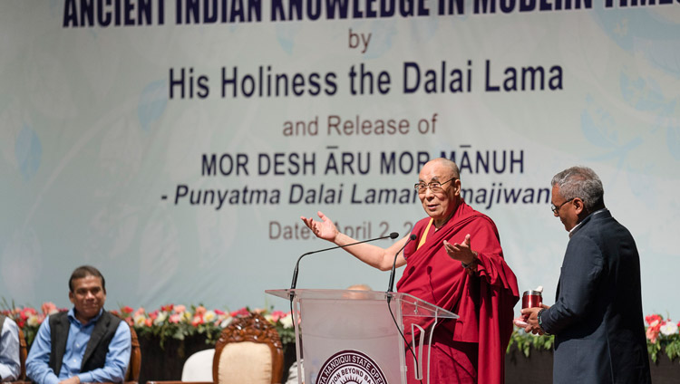 His Holiness the Dalai Lama speaking on Ancient Indian Knowledge in Modern Times at Guwahati University Auditorium in Guwahati, Assam, India on April 2, 2017. Photo by Tenzin Choejor/OHHDL
