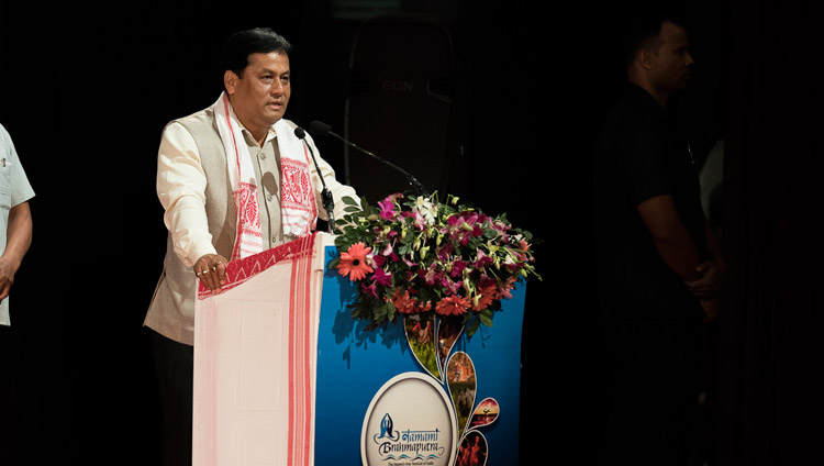 Assam Chief Minister Shri Sarbananda Sonowal addressing the audience at the Namami Brahmaputra Festival in Guwahati, Assam, India on April 2, 2017. Photo by Tenzin Choejor/OHHDL