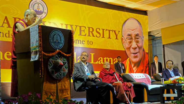 His Holiness the Dalai Lama addressing over 1100 students and faculty at Dibrugarh University in Dibrugarh, Assam, India on April 3, 2017. Photo by Ven Lobsang Kunga/OHHDL