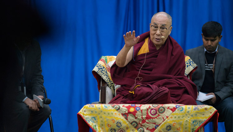 His Holiness the Dalai Lama speaking at the High School Auditorium Bomdila, AP, India on April 5, 2017. Photo by Tenzin Choejor/OHHDL