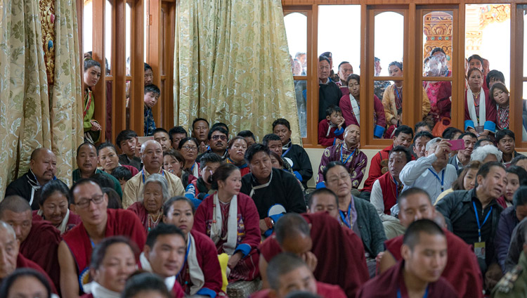 Members audience listening to His Holiness the Dalai Lama speaking at Thubsung Dhargyeling Monastery in Dirang, Arunachal Pradesh, India on April6, 2017. Photo by Tenzin Choejor/OHHDL