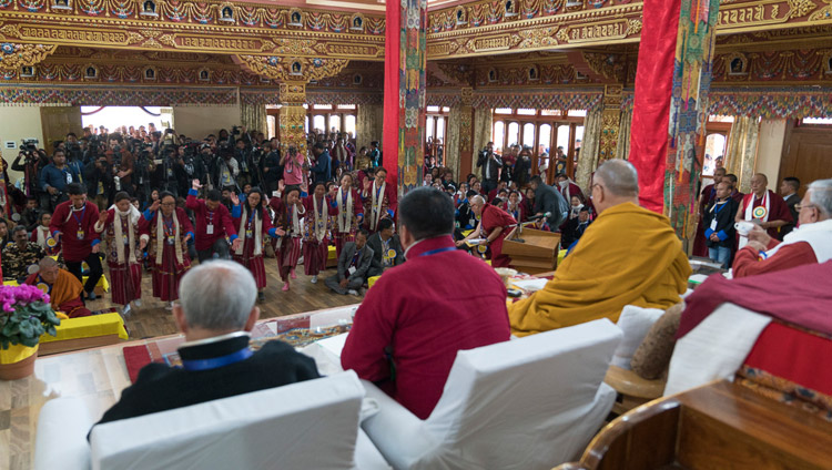 Members of the lay community debating Buddhist philosophy in front of His Holiness the Dalai Lama at Thubsung Dhargyeling Monastery in Dirang, Arunachal Pradesh, India on April 6, 2017. Photo by Tenzin Choejor/OHHDL