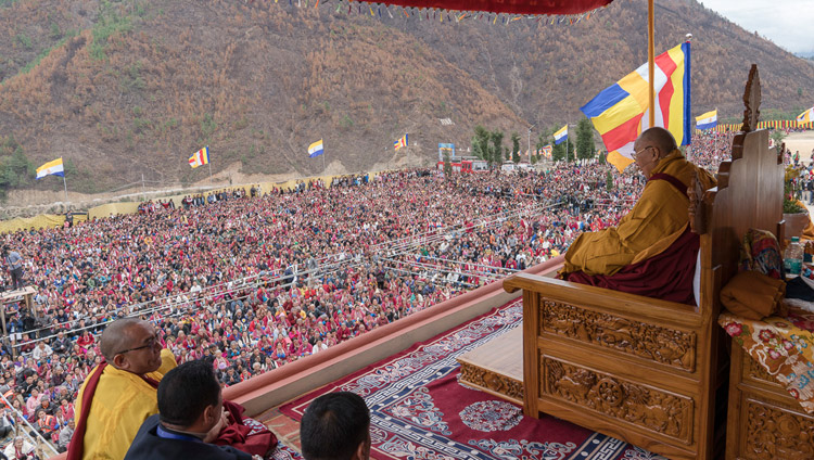 His Holiness the Dalai Lama speaking to a crowd of 20,000 in Dirang, Arunachal Pradesh, India on April 6, 2017. Photo by Tenzin Choejor/OHHDL