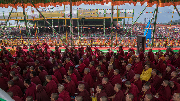Some of the more than 50,000 people attending His Holiness the Dalai Lama's teaching at the Yiga Choezin teaching ground in Tawang, Arunachal Pradesh, India on April 8, 2017. Photo by Tenzin Choejor/OHHDL