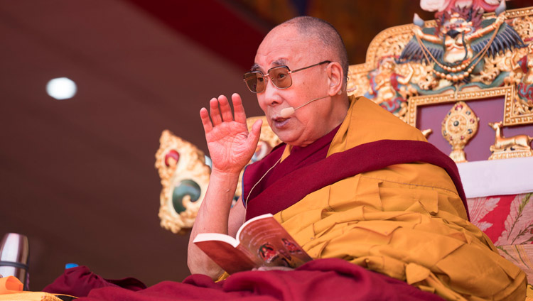His Holiness the Dalai Lama during his teaching at the Yiga Choezin teaching ground in Tawang, Arunachal Pradesh, India on April 8, 2017. Photo by Tenzin Choejor/OHHDL