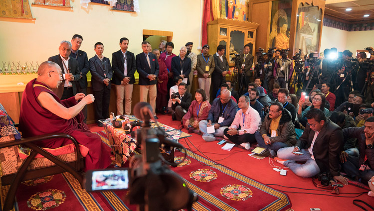 His Holiness the Dalai Lama speaking with members of the press at Yiga Choezin in Tawang, Arunachal Pradesh, India on April 8, 2017. Photo by Tenzin Choejor/OHHDL