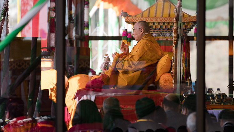 His Holiness the Dalai Lama performing preparatory rituals for the Avalokiteshvara Empowerment at the Yiga Choezin teaching ground in Tawang, Arunachal Pradesh, India on April 9, 2017. Photo by Tenzin Choejor/OHHDL
