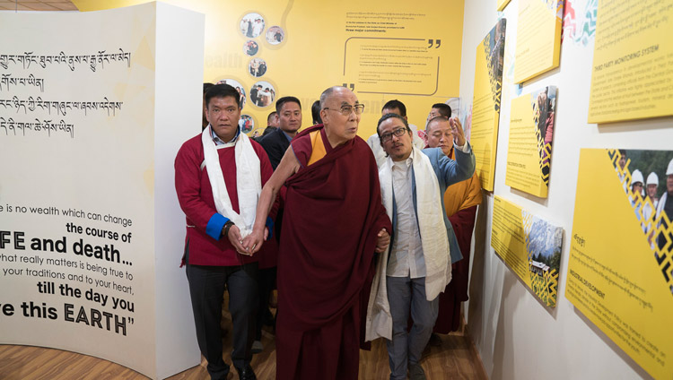 His Holiness the Dalai Lama, accompanied by Arunachal Chief Minister Pema Khandu, viewing exhibits at the Dorjee Khandu Memorial Museum in Tawang, Arunachal Pradesh, India on April 9, 2017. Photo by Tenzin Choejor/OHHDL