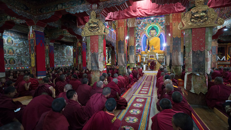 His Holiness the Dalai Lama speaking to the monks of Tawang Monastery in Tawang, Arunachal Pradesh, India on April 9, 2017. Photo by Tenzin Choejor/OHHDL