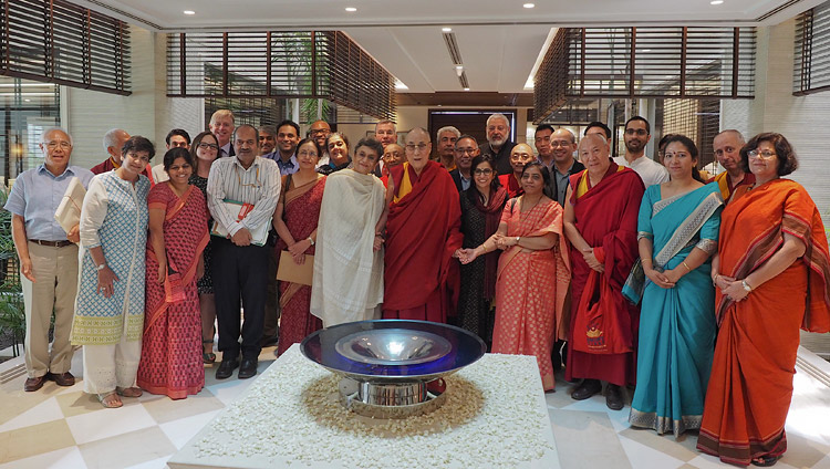 His Holiness the Dalai Lama with members of the Core Committee Working on the Curriculum for Universal Values after their meeting in New Delhi, India on April 28, 2017. Photo by Jeremy Russell/OHHDL