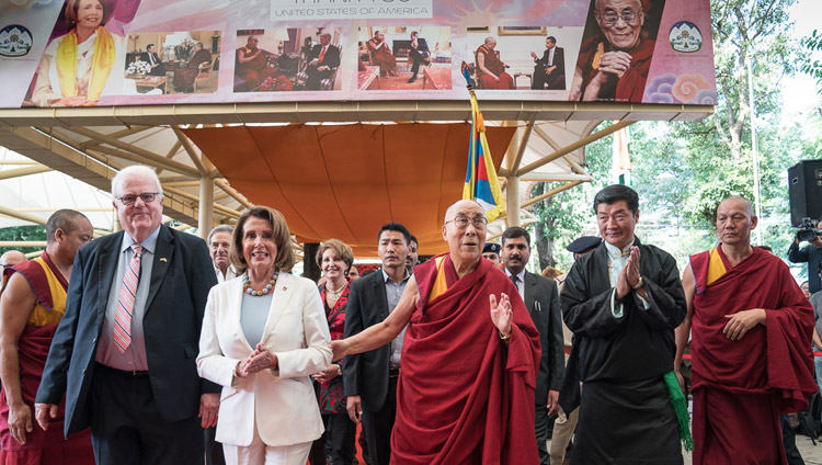 Members of the bipartisan US Congressional Delegation, His Holiness the Dalai Lama and President of the Central Tibetan Administration Dr Lobsang Sangay arriving at the Tsuglagkhang courtyard to attend a public reception in Dharamsala, HP, India on May 10, 2017. Photo by Tenzin Choejor/OHHDL
