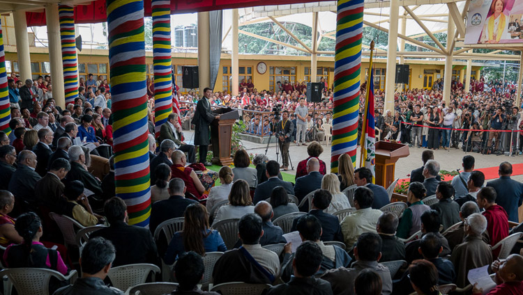 President of the Central Tibetan Administration Dr Lobsang Sangay speaking at the public reception for the bipartisan US Congressional Delegation at the Tsuglagkhang courtyard in Dharamsala, HP, India on May 10, 2017. Photo by Tenzin Choejor/OHHDL