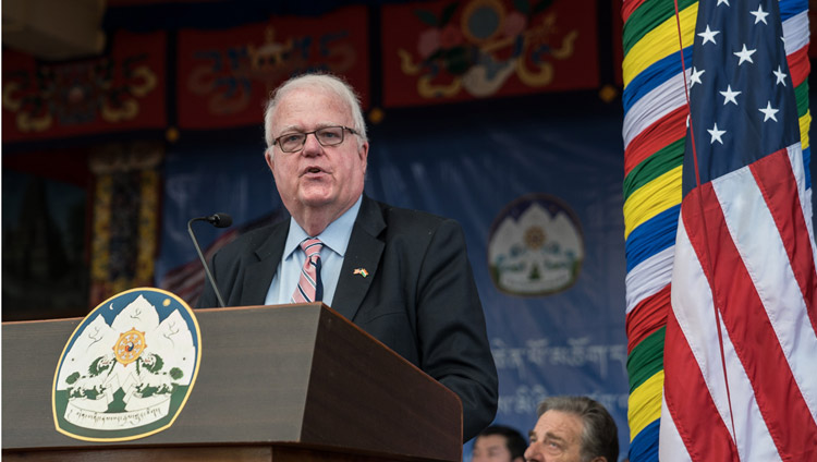 Representative Jim Sensenbrenner speaking at the public reception for the bipartisan US Congressional Delegation at the Tsuglagkhang courtyard in Dharamsala, HP, India on May 10, 2017. Photo by Tenzin Choejor/OHHDL
