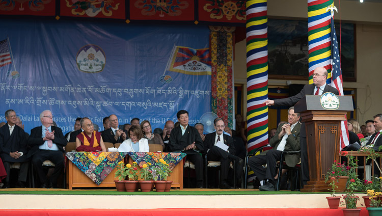 Representative Jim McGovern speaking at the public reception for the bipartisan US Congressional Delegation at the Tsuglagkhang courtyard in Dharamsala, HP, India on May 10, 2017. Photo by Tenzin Choejor/OHHDL