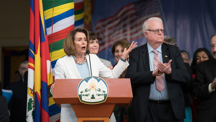Representative Nancy Pelosi speaking at the public reception for the bipartisan US Congressional Delegation at the Tsuglagkhang courtyard in Dharamsala, HP, India on May 10, 2017. Photo by Tenzin Choejor/OHHDL