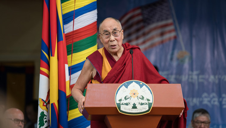 His Holiness the Dalai Lama speaking at the public reception for the bipartisan US Congressional Delegation at the Tsuglagkhang courtyard in Dharamsala, HP, India on May 10, 2017. Photo by Tenzin Choejor/OHHDL