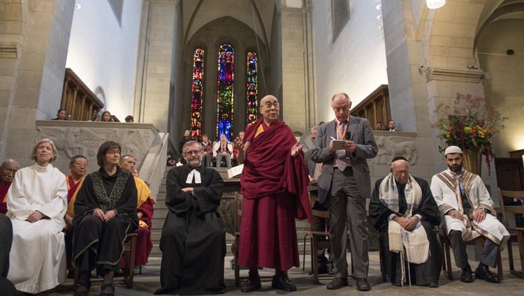 His Holiness the Dalai Lama with speaking at an interfaith prayer meeting at Grossmuenster Church in Zurich Switzerland on October 15, 2016. (Photo by Manuel Bauer)