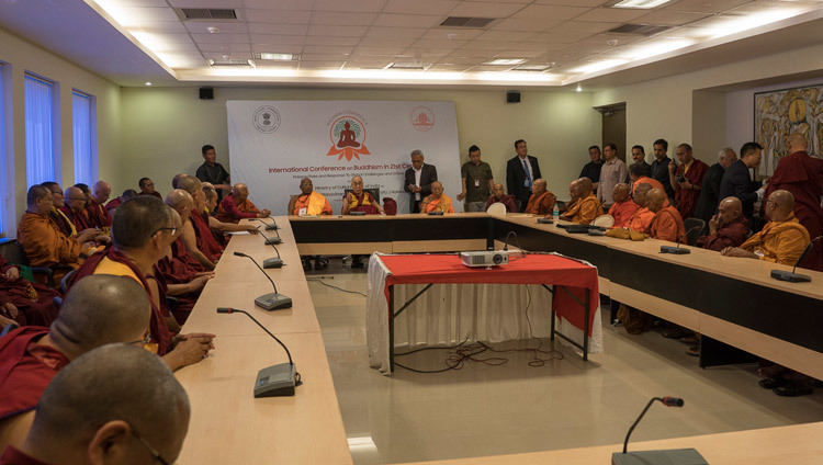 His Holiness the Dalai Lama taking part in a meeting of senior elders of the Sangha in the afternoon of the first day of the three-day International Buddhist Conference in Rajgir, Bihar, India on March 17, 2017. Photo by Tenzin Choejor/OHHDL