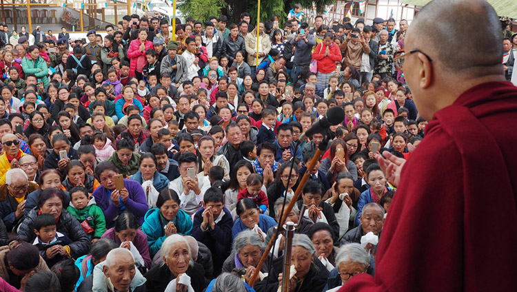 His Holiness the Dalai Lama speaking to members of the local community gathered to greet him at Tenzin Gang Tibetan Settlement in Arunachal Pradesh on April 4, 2017. Photo by Jeremy Russell/OHHDL