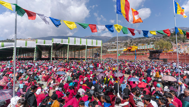 A view of many of the 50,000 people attending the second day of His Holiness the Dalai Lama's teachings at the Yiga Choezin teaching ground in Tawang, Arunachal Pradesh, India on April 9, 2017. Photo by Tenzin Choejor/OHHDL