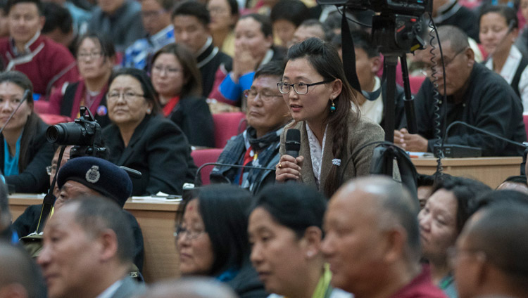 A member of the audience asking His Holiness the Dalai Lama a question during his talk at the Kalawangpo Convention Centre in Tawang, Arunachal Pradesh, India on April 10, 2017. Photo by Tenzin Choejor/OHHDL