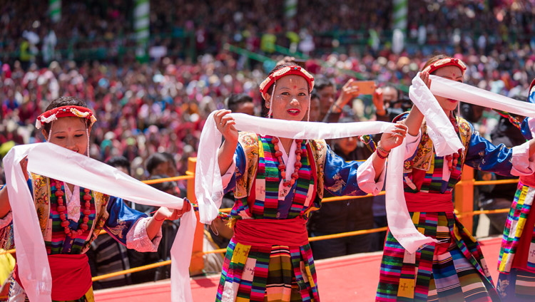 Local artists performing traditional songs as part of the closing ceremony on the final day of His Holiness the Dalai Lama's teachings at the Yiga Choezin teaching ground in Tawang, Arunachal Pradesh, India on April 10, 2017. Photo by Tenzin Choejor/OHHDL