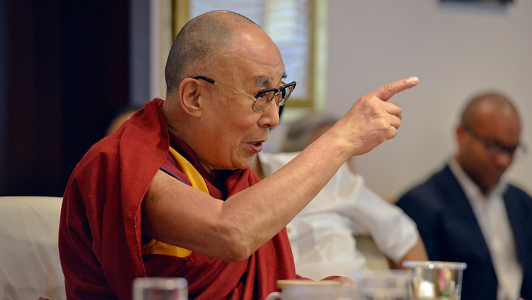 His Holiness the Dalai Lama speaking during the meeting with the Core Committee Working on the Curriculum for Universal Values in New Delhi, India on April 28, 2017. Photo by Lobsang Tsering/OHHDL