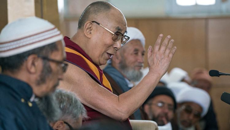 His Holiness the Dalai Lama speaking at the Shia Mosque in Leh, Ladakh, J&K, India on July 27, 2016. (Photo by Tenzin Choejor/OHHDL)